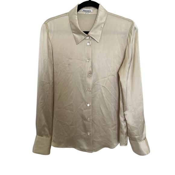 Reformation Sky Silk Buttondown Top Medium Ivory Long Sleeve Classic Preppy - Picture 2 of 5
